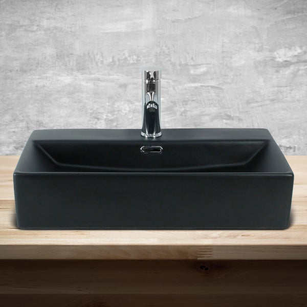 ML-Design Waschbecken zur Wandmontage oder als Aufsatzwaschbecken mit Hahnloch, 60x36,5x13 cm, aus Keramik, Schwarz matt, Hängewaschbecken Waschtisch Aufsatzbecken Handwaschbecken Waschschale Becken