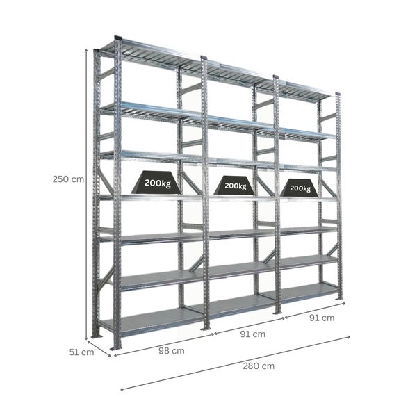 Stahlregal mit fünf Ebenen und einer Tragfähigkeit von 200 Kilogramm pro Ebene, Abmessungen 250 x 280 x 51 Zentimeter