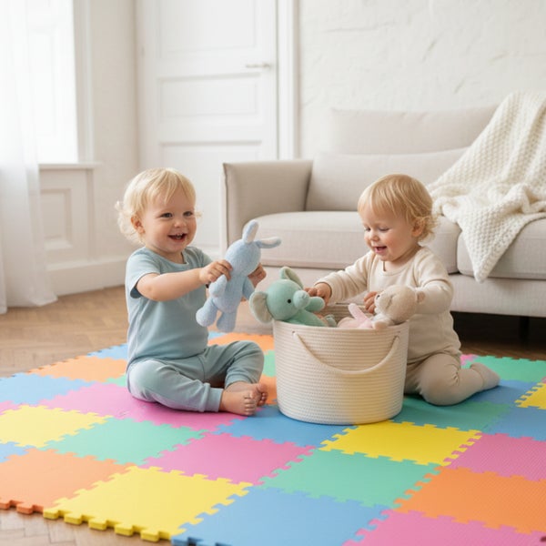 Zwei Kleinkinder spielen auf einer bunten Schaumstoff-Puzzlematte in einem hellen, geräumigen Wohnzimmer mit Holzfußboden.