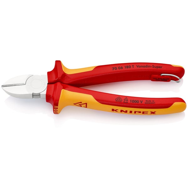 Knipex Seitenschneider mit Befestigungsöse verchromt, isoliert mit Mehrkomponenten-Hüllen, VDE-geprüft; mit integrierter isolierter Befestigungsöse zum Anbringen einer Absturzsicherung 180 mm - 7006180TBK