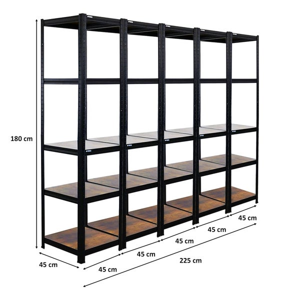 BERLINLODGE Mega Deal 5x Wohnregal Ragnar, HxBxT 180x45x45cm, Fachlast 100kg, Vintagebraun-Schwarz, Bücherregal, Standregal, Büroregal