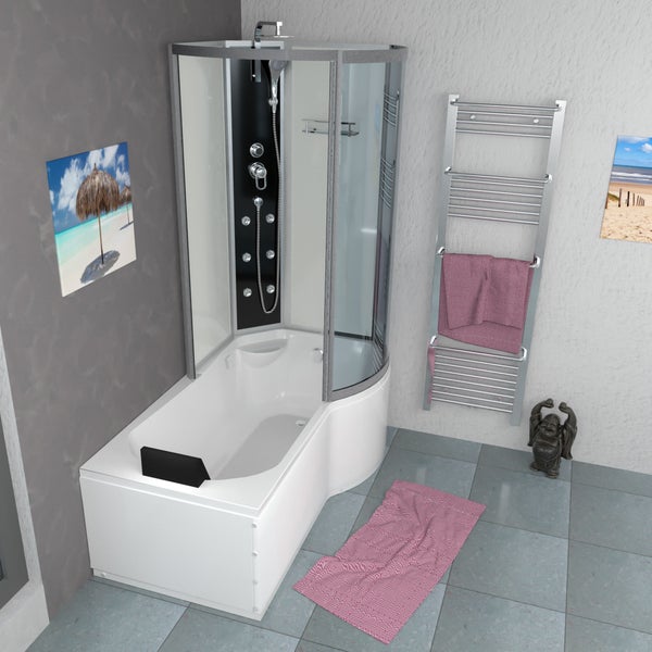 Moderne Duschkabine mit verchromter Kopfbrause, Handbrause und Glasablage an einer schwarz-weißen Wandpaneele.