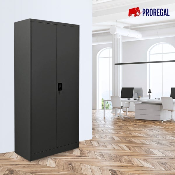 Metall-Büroschrank in Anthrazit mit zwei abschließbaren Türen in einem hellen, modernen Büro mit Parkettboden. Proregal Logo.