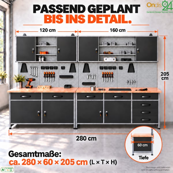 Werkbank System mit Lochwand und Oberschränken, Maße 280 mal 60 mal 205 Zentimeter, inklusive Ondis24 Logo, geeignet für Werkstatt und Garage.