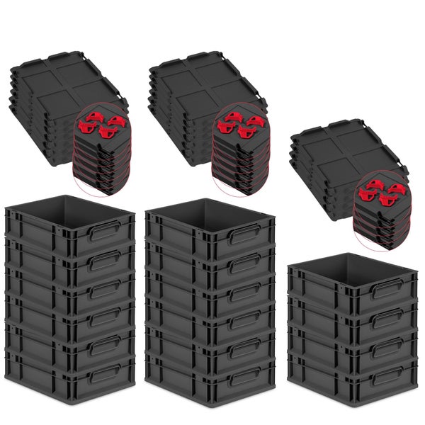 PROREGAL SuperSparSet 16x Eurobox NextGen Grip mit Auflagedeckel inkl. 4 roten Schiebeschnappverschlüssen, HxBxT 12x30x40cm, 11 Liter, Schwarz, Griffe geschlossen, Eurobehälter, Transportbox, Transportbehälter, Stapelbehälter