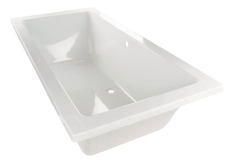 Weiße rechteckige Einbaubadewanne aus Acryl mit Mittelablauf und Überlauf.