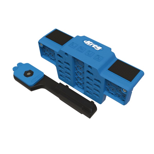 Blaue Kreg Bohrschablone für Schrankbeschläge zum präzisen Bohren von Griffen und Knöpfen.