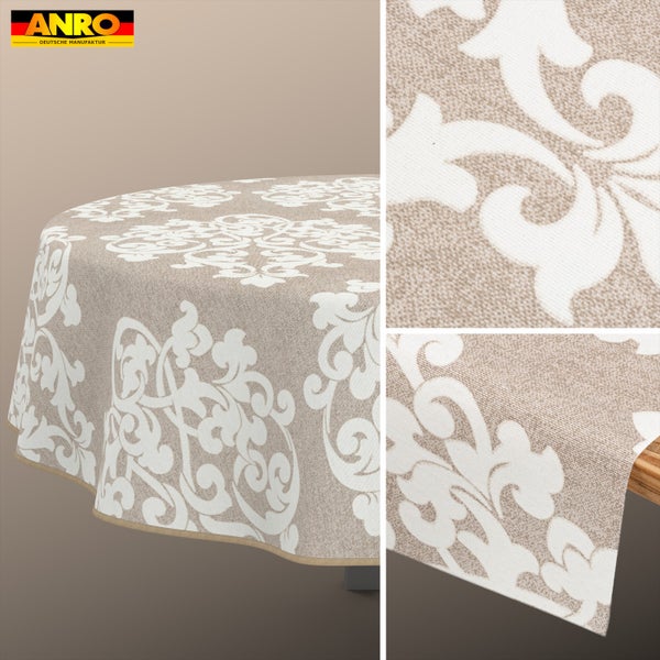 ANRO Logo, runde Tischdecke mit ornamentalem Damastmuster in Beige und Weiß, Detailansichten der Materialstruktur und Kante.