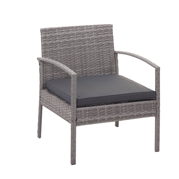 Gartenstuhl aus Polyrattan mit dunkelgrauem Sitzkissen und geschwungenen Armlehnen.