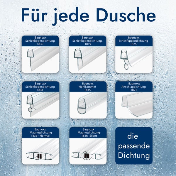 Übersicht verschiedener Bagnoxx Duschdichtungen, einschließlich Schleiflippendichtungen, Hohlkammerprofilen, Anschlagdichtungen und Magnetdichtungen.