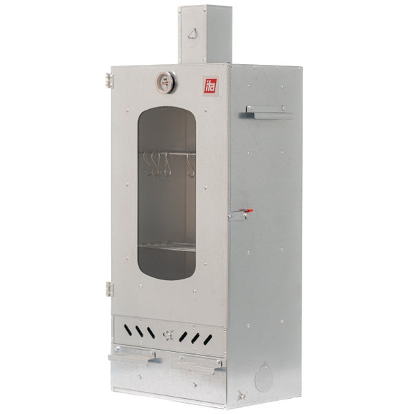 Räucherofen aus verzinktem Stahl mit Sichtfenster, Thermometer und Belüftungsschlitzen. Iita Logo.