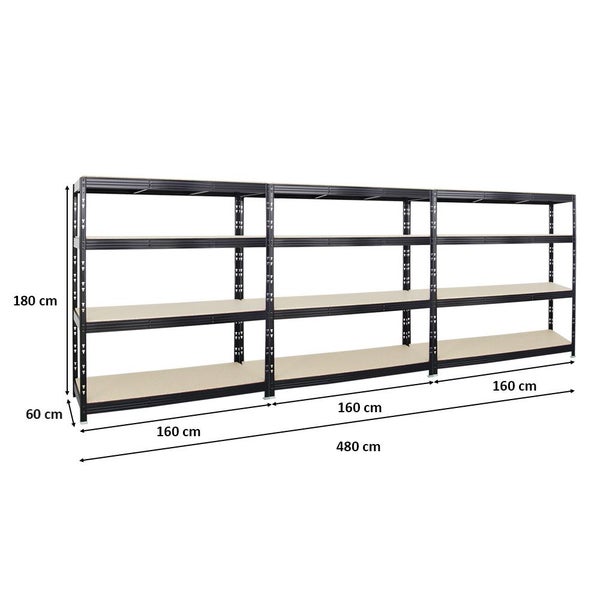 PROREGAL Mega Deal 3x Profi Schwerlastregal Rhino HxBxT 180 x 160 x 60 cm 4 Spanplatten-Ebenen 16mm Fachlast 500 kg Schwarz