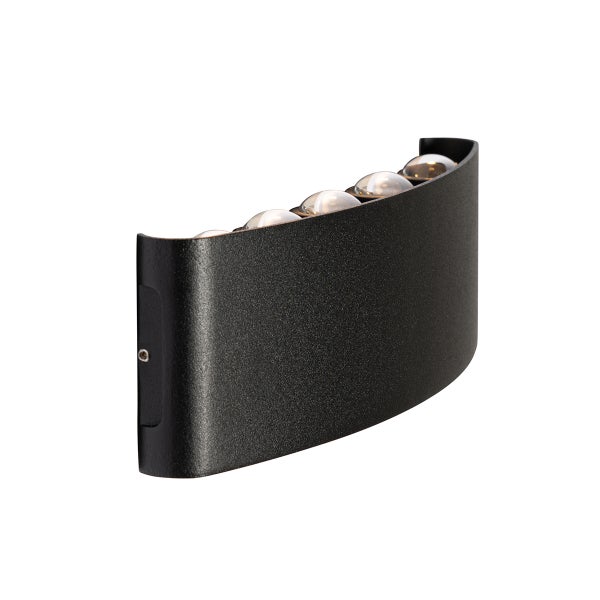 Gebogene Wandleuchte aus schwarzem Metall mit sichtbaren Linsen an der Oberseite.