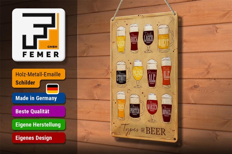 Blechschild Spruch 20x30cm Types of Beer Bier Sorten