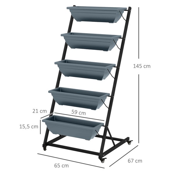 Pflanztreppe mit fünf Pflanzkästen und Abmessungen.