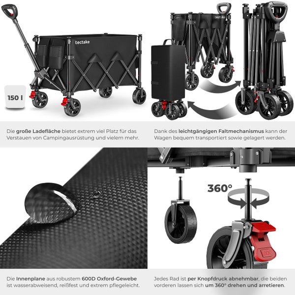 Tectake Bollerwagen mit 150 Liter Fassungsvermögen, faltbar, mit wasserabweisendem 600D Oxford-Gewebe.