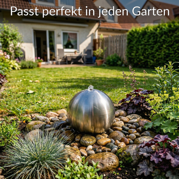 Edelstahl-Kugelbrunnen auf Flusssteinen in einem hellen, organisierten Garten mit Rasen, Stauden und Wohnhaus im Hintergrund.