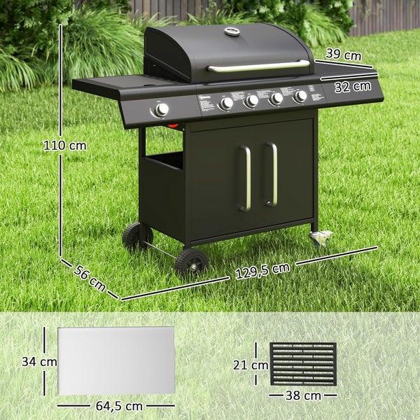 Outsunny Gasgrill 15,2 KW Grillwagen inkl 5 Edelstahl-Brenner Rolle Seitenkocher Druckminderer Gasschlauch Deckel Thermometer Seitenablagen, BBQ Gartengrill für Balkon, Grill 129,5 x 56 x 110 cm
