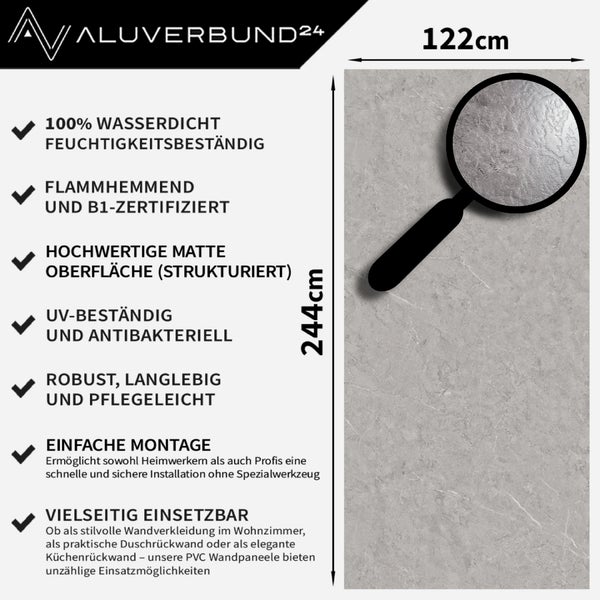 Aluverbund24 Logo, Duschpaneel mit den Maßen 122 mal 244 Zentimeter, wasserdicht, feuchtigkeitsbeständig, flammenhemmend, B1-zertifiziert, UV-beständig und antibakteriell.