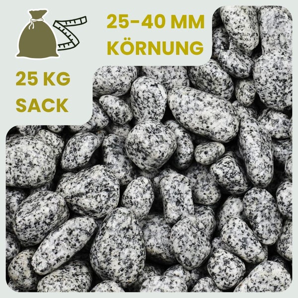Dekorativer Zierkies mit einer Körnung von 25 bis 40 mm, verpackt im 25 kg Sack.