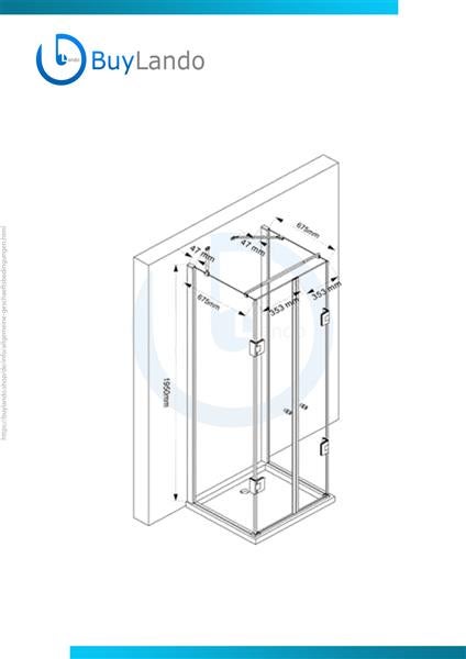 Technische Zeichnung einer Duschkabine mit Maßangaben.