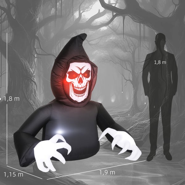 Aufblasbarer Sensenmann für Halloween mit Beleuchtung, circa 1,8 Meter hoch.
