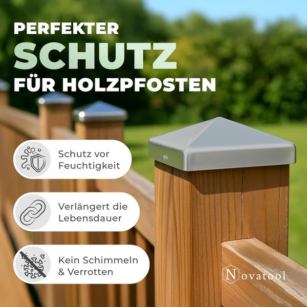 Pfostenkappe aus Metall für Holzpfosten in Pyramidenform. Text nennt Feuchtigkeitsschutz, längere Lebensdauer und kein Schimmeln. Novatool Logo.