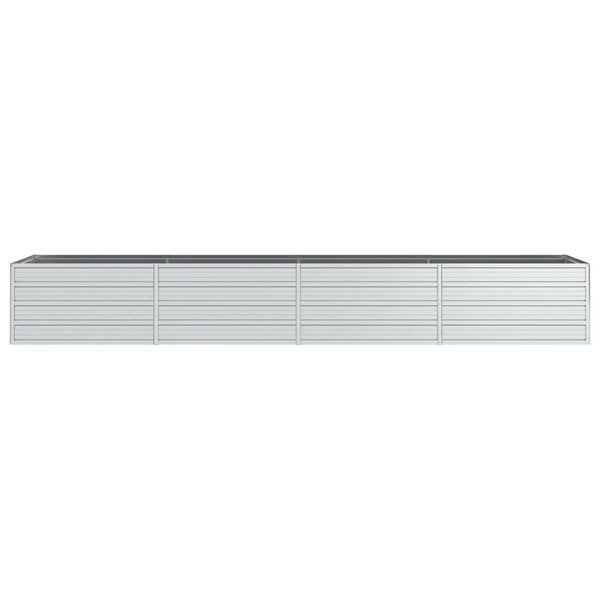 Langgestrecktes Hochbeet aus verzinktem Stahl in Silber mit horizontaler Rillenstruktur.