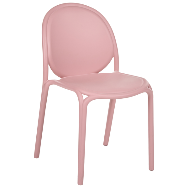 Moderner Kunststoffstuhl in Rosa mit abgerundeter Rückenlehne für Garten oder Essbereich.