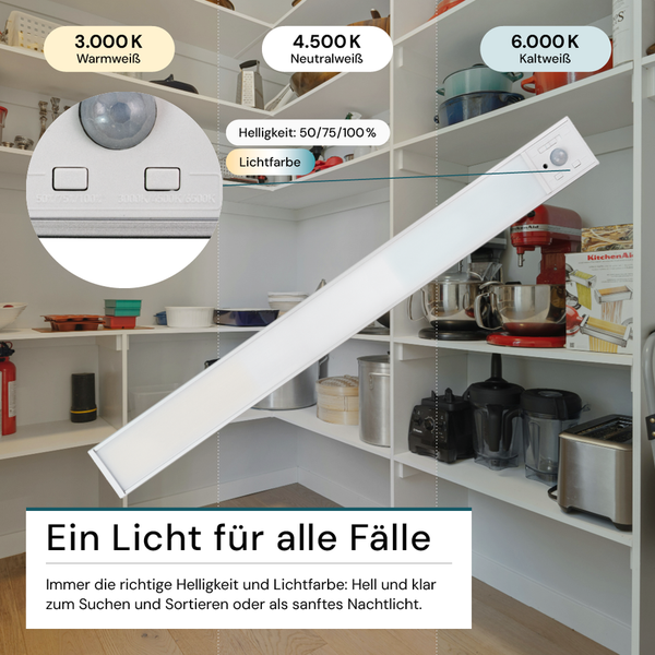 Weiße LED-Leuchte in einem Regal mit unterschiedlichen Helligkeits- und Farbtemperatureinstellungen.