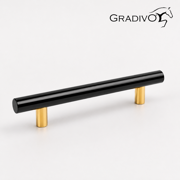 Moderner Möbelgriff als Stangengriff in Schwarz und Gold, Gradivo Logo.