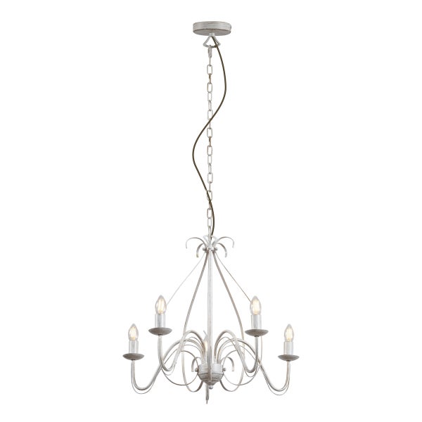 Rustikaler Kronleuchter im Landhausstil mit fünf Lichtquellen und geschwungenen Metallarmen an einer Kette
