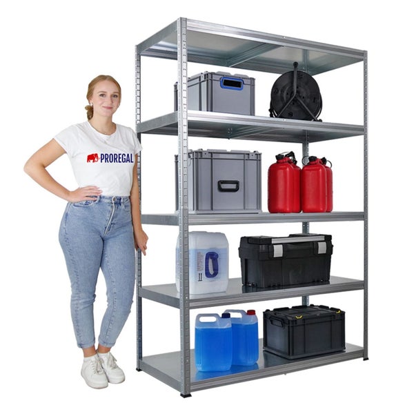 Stahlregal mit fünf Ebenen und diversen Lagerbehältern