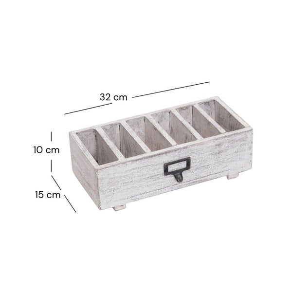 Holzbox mit 6 Fächern, Etikettenhalter aus Metall, weiß gewaschen, Maße 32 Zentimeter mal 15 Zentimeter mal 10 Zentimeter.