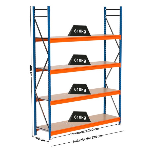 Lagerregal mit vier Ebenen, 300 cm hoch, Innenbreite 220 cm, Außenbreite 235 cm, Tragkraft 610 kg pro Ebene