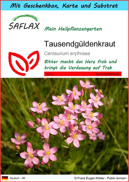SAFLAX Geschenk Set - Tausendgüldenkraut - Centaurium erythraea - 250 Samen - Mit Geschenkbox, Versandaufkleber, Geschenkkarte und Anzuchtsubstrat