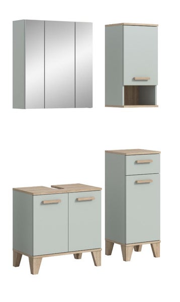 Badezimmermöbel Set bestehend aus Spiegelschrank, Waschbeckenunterschrank, Hängeschrank und einem schmalen Schrank mit Schublade und Tür.