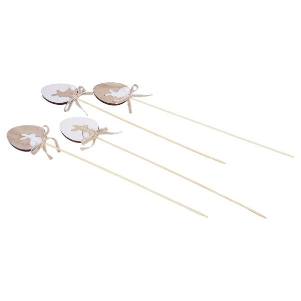 Dekorative Holz-Ostereier am Stab mit Schleife und Hasenmotiv