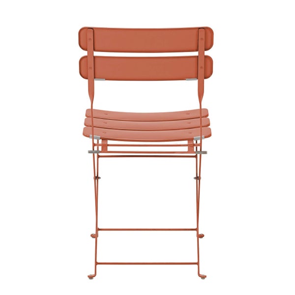 Klappstuhl aus Metall in Terracotta mit Lattenrücken und Lattenrost für Garten oder Balkon.