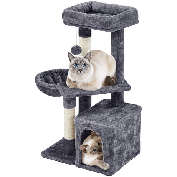 Grauer Kratzbaum mit zwei Katzen, einer Plattform, einer Höhle und einem Spielzeugball