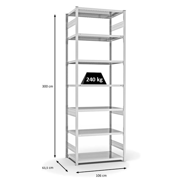 PROREGAL Fachbodenregal Stecksystem T-Profil Medium-Duty Grundregal HxBxT 300 x 100 x 60 cm 7 Ebenen Fachlast 240 kg Beidseitig Nutzbar Lichtgrau