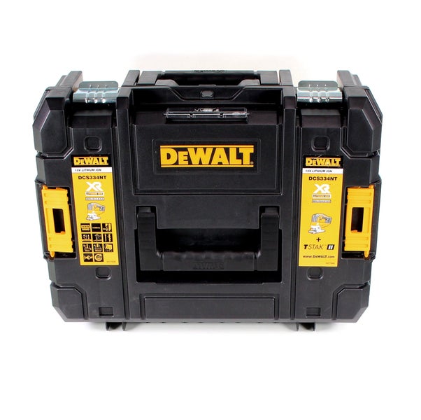 DeWalt TSTAK Werkzeugkoffer DCS334NT aus robustem Kunststoff mit Tragegriff und Metallverschlüssen.