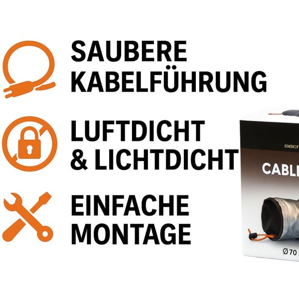 Symbole für saubere Kabelführung, luftdichte und lichtdichte Eigenschaften sowie einfache Montage.