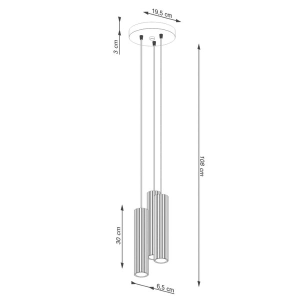 Technische Zeichnung einer Pendelleuchte mit drei Leuchten und Maßangaben