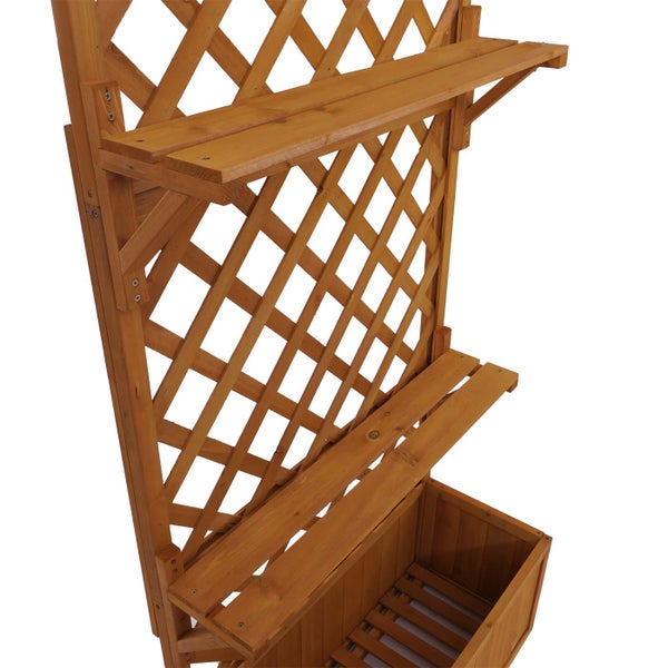 Holz-Rankgitter mit Pflanzkasten und zwei Ablageflächen für Garten und Balkon.