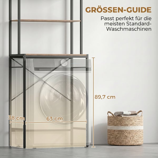Größen-Guide für ein Waschmaschinenregal mit Maßen: Breite 63 Zentimeter, Tiefe 38 Zentimeter und Höhe 89,7 Zentimeter.