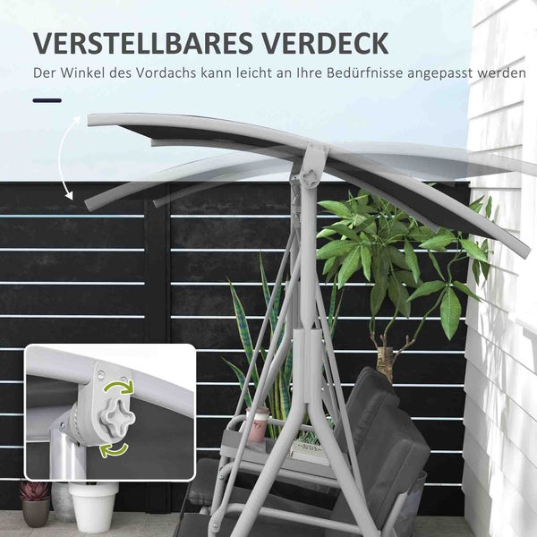 Outsunny Hollywoodschaukel 2-Sitzer Schaukelbank mit Baldachin, Tasche, Gartenschaukel mit Tablett, bis 180 kg Belastbar, für Garten, Balkon, Schwarz