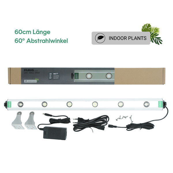 Parus Unterbauleuchte mit einer Länge von 600 mm, 20 Watt Leistung, 60 Grad Beleuchtungswinkel, stufenlos neigbar, Gehäusematerial aus Aluminium, flacher Eurostecker und 5 m Kabellänge.