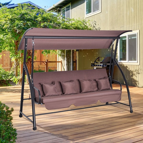 Outsunny Hollywoodschaukel, Gartenschaukel, 3 sitzer mit verstellbarem Dach, 215 x 120 x 165 cm, Polyester, Braun