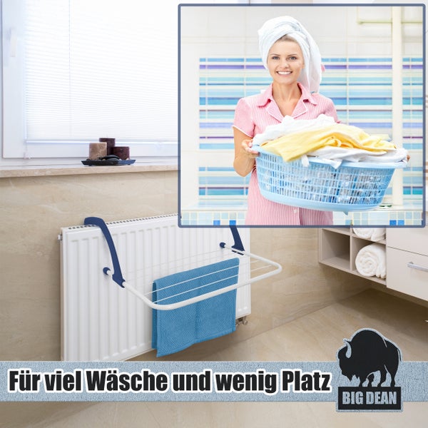 Bildercollage mit einem Wäscheständer für Heizkörper, einer Frau mit Wäschekorb, einem Badezimmer und dem Big Dean Logo